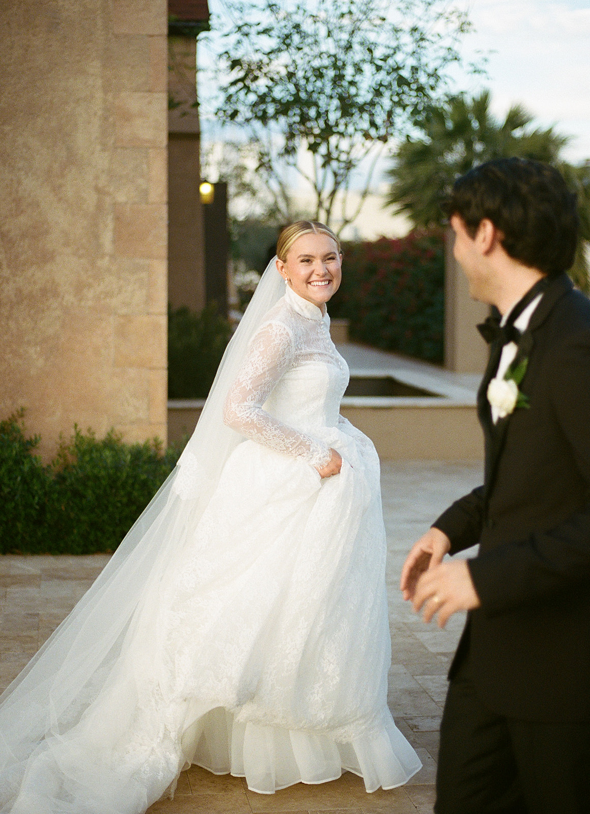 Film portrait of bride and groom during sunset portraits in Phoenix