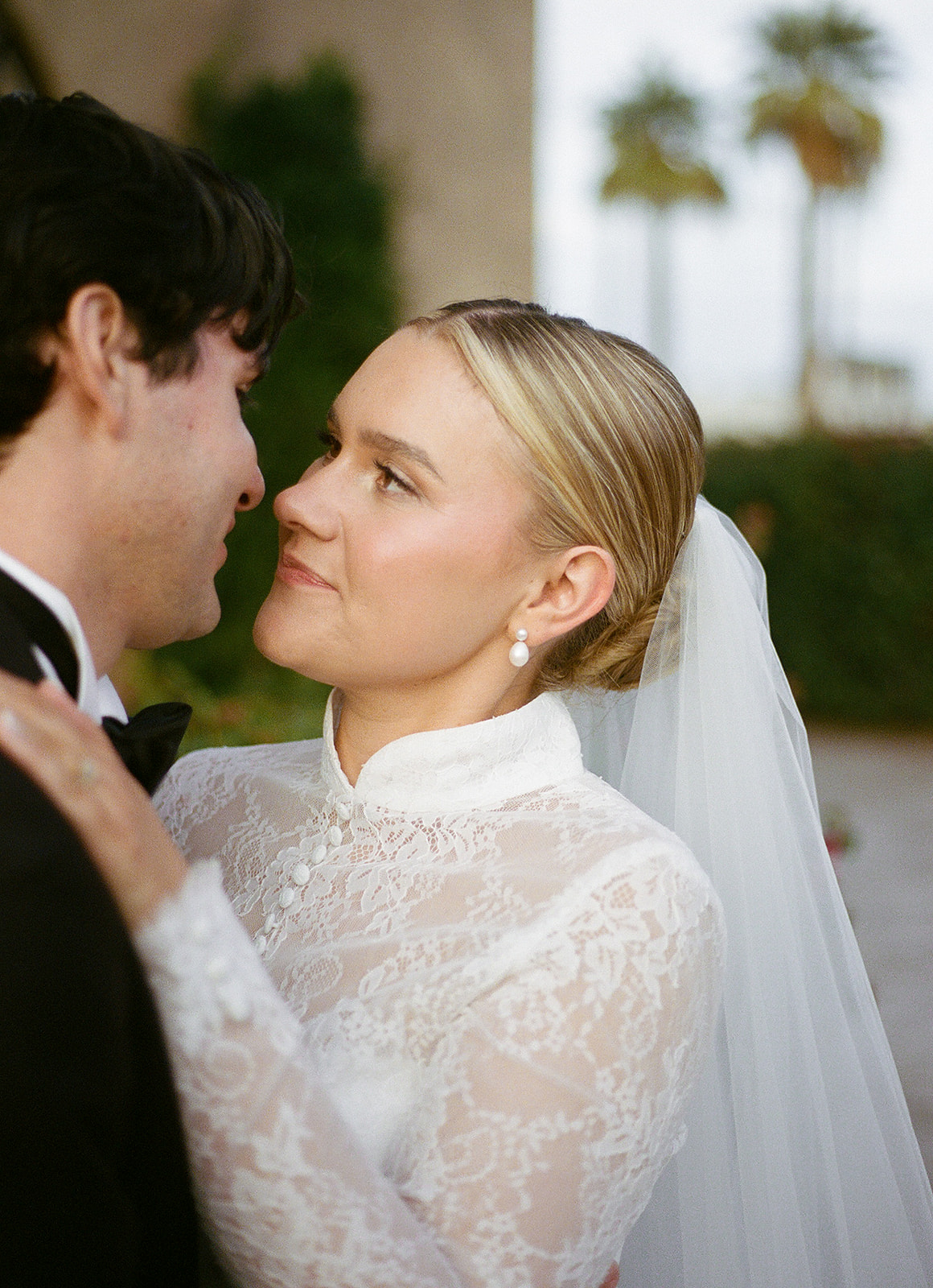 Film portrait of bride and groom taken on 35mm film during sunset photos in Phoenix. 