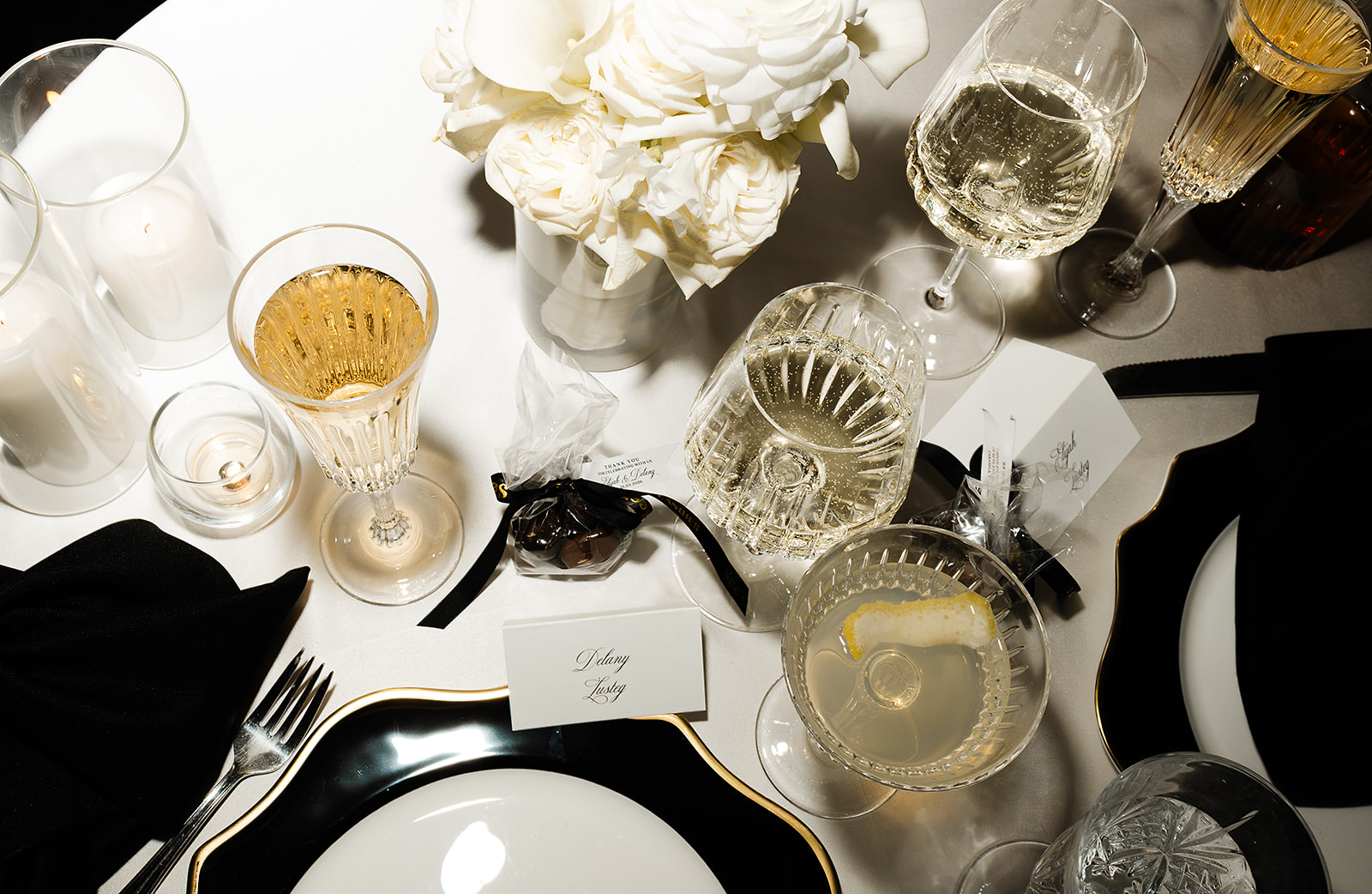 Flash photo of wedding reception details at Phoenix wedding. 