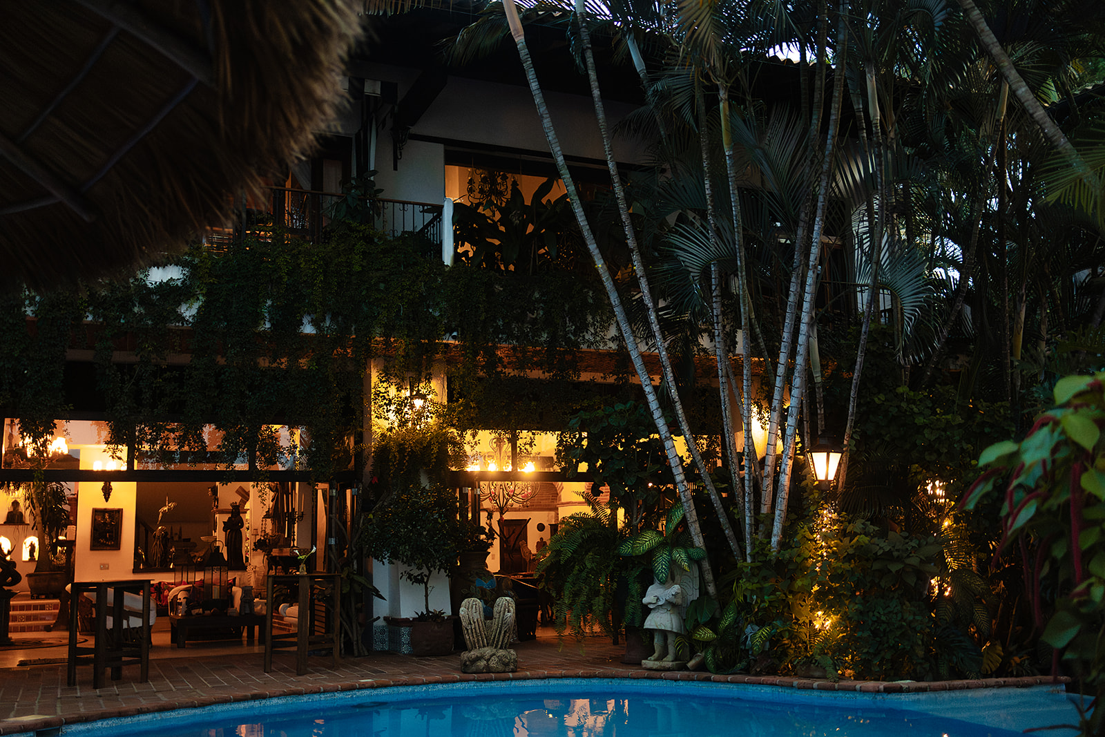 Tropical night atmosphere at private villa wedding celebration