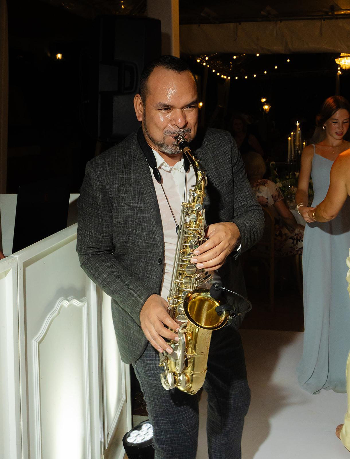 Live saxophonist performing during reception at Puerto Vallarta wedding