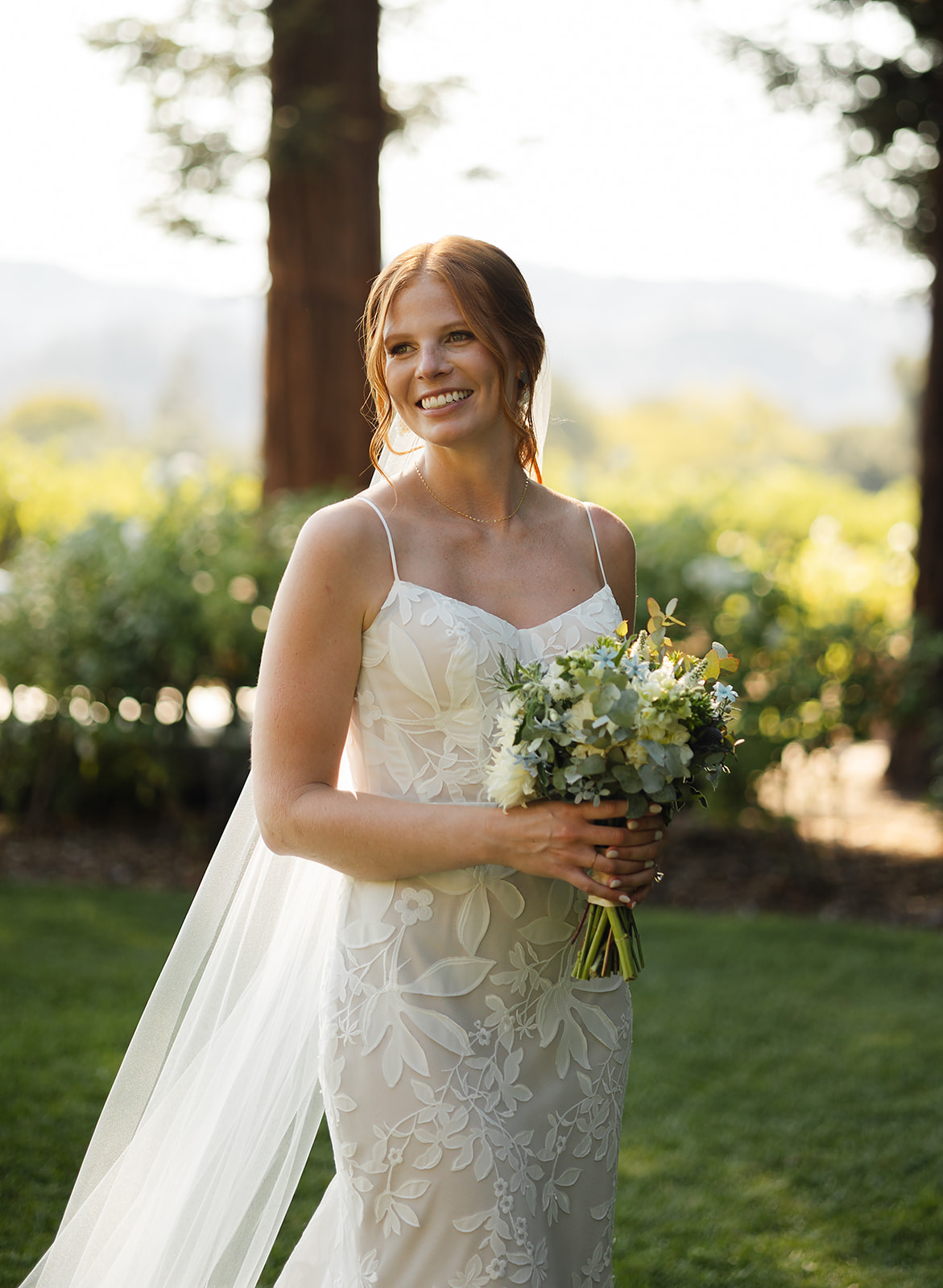 Natural light portrait of bride in lace dress during Napa wedding