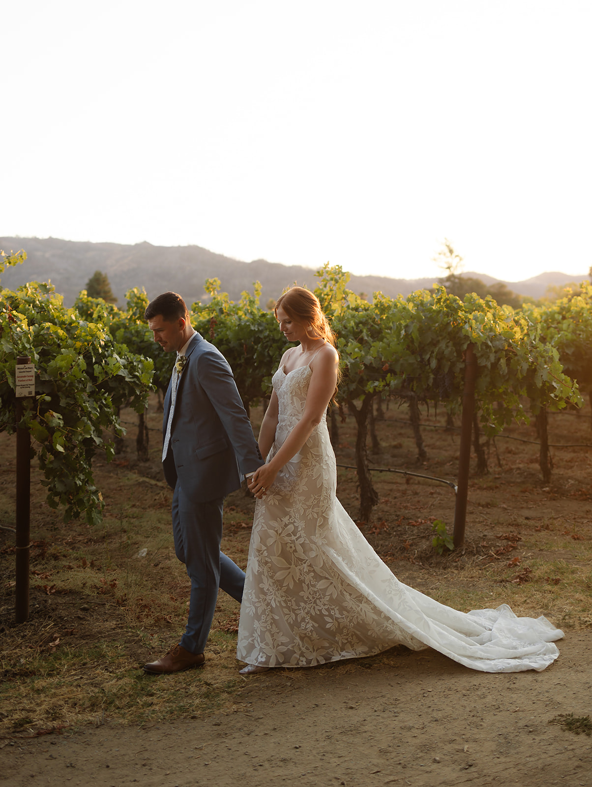 Newlyweds walking together through vineyard landscape after ceremony