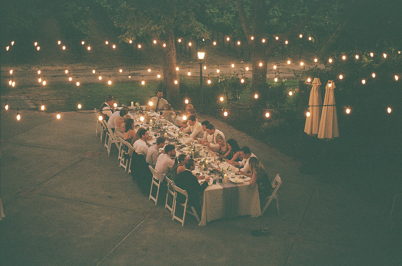 Guests enjoying outdoor reception dinner under soft evening light shot on 35mm film
